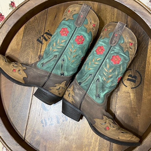 LAREDO Womens Tan Brown Teal Flower Cut Out Leather Western Cowgirl Boots Sz 6.5 - Picture 5 of 15